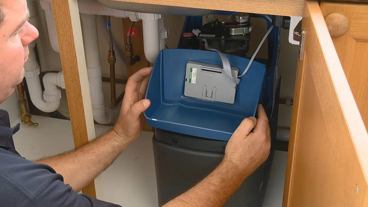 Technician positioning a compact water softener inside an under-sink cabinet