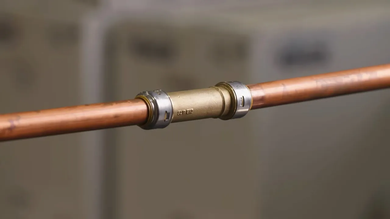 Copper water line repaired with a compression coupling over a damaged section
