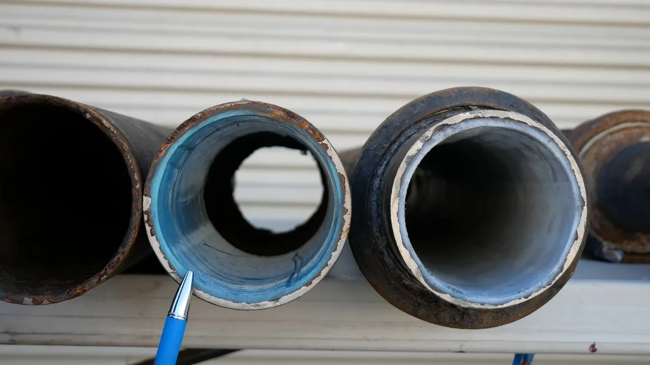Several large drain pipe sections displayed side by side with different interior finishes