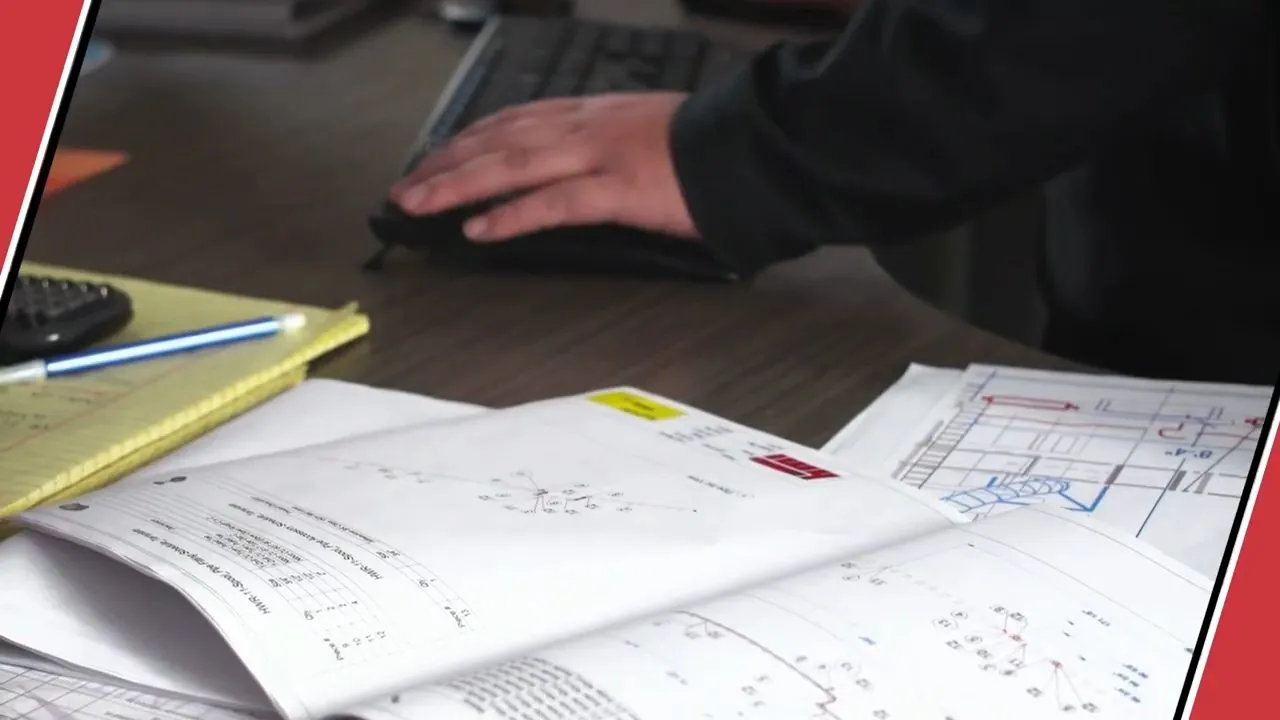 Contractor reviewing a plumbing layout and construction drawings for a Maple Grove project