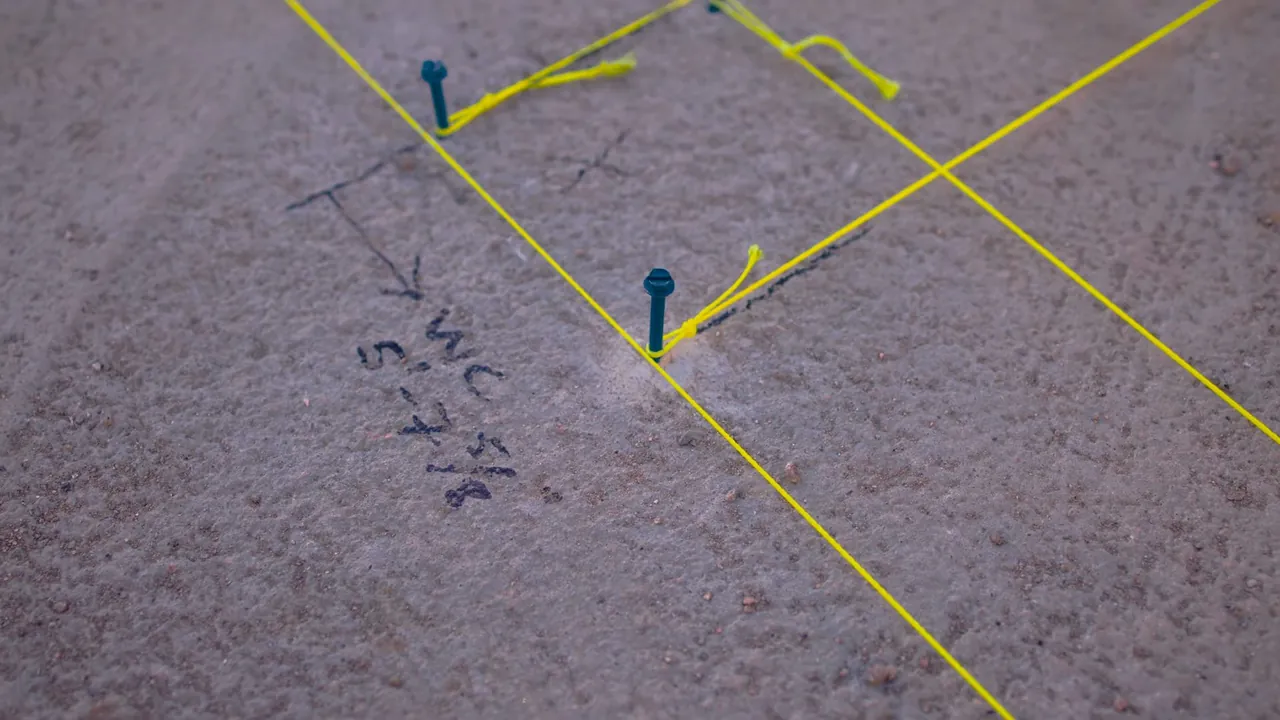 Concrete floor marked with a measured grid during underground leak locating