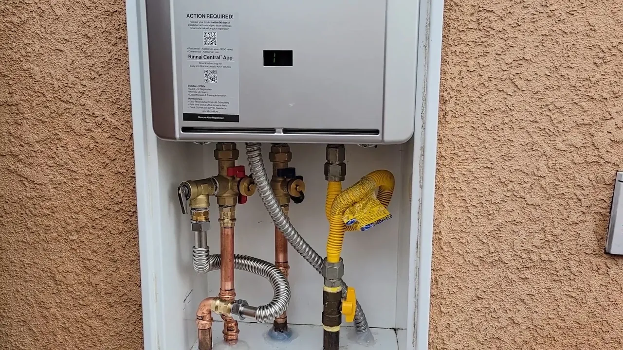 Outdoor tankless water heater mounted on a home exterior in Mountain View