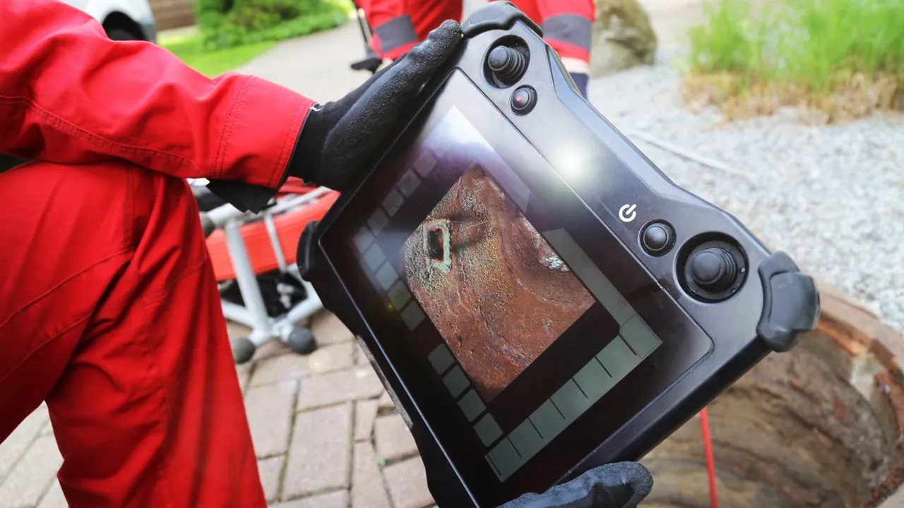 Technician viewing a sewer inspection camera monitor beside an access point