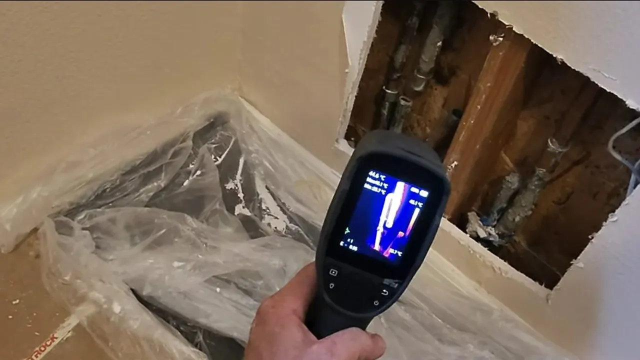 Thermal camera aimed at an opened ceiling area during hidden leak detection